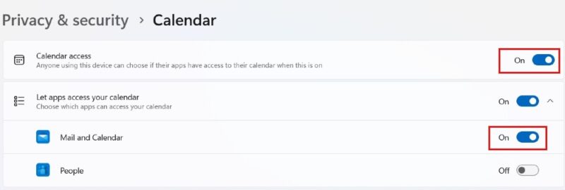 Enabling "Calendar access" toggle in "Privacy & security" section. 