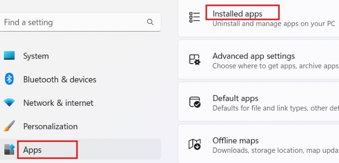 Navigating to "Installed apps" in Windows Settings.