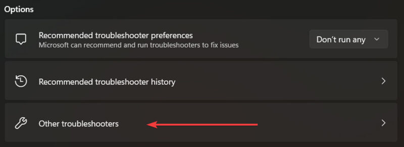 Clicking on "Other troubleshooters" option in System Settings. 