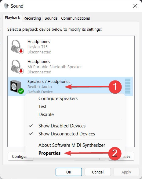 Clicking on any audio device in Sound window. 
