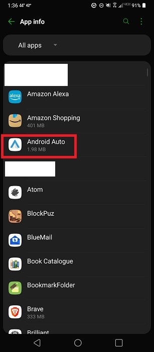 Installed apps list in Settings on Android. 