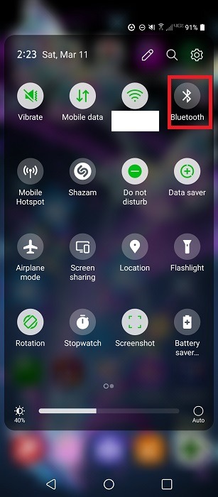 Bluetooth toggle in Quick Settings on Android. 