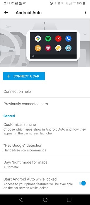 "Connect a car" option in Android Auto app on Android. 