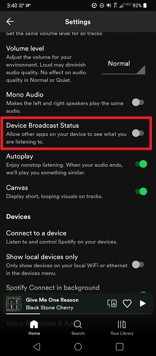 "Device Broadcast Status" option enabled in Spotify app for Android.