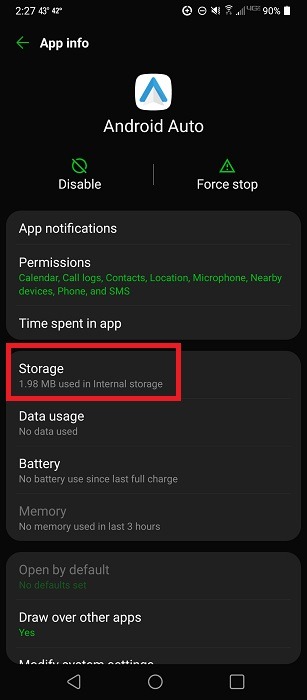 "Storage" option for app on Android. 