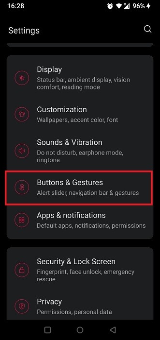 Clicking on "Buttons & Gestures" in Android Settings app.