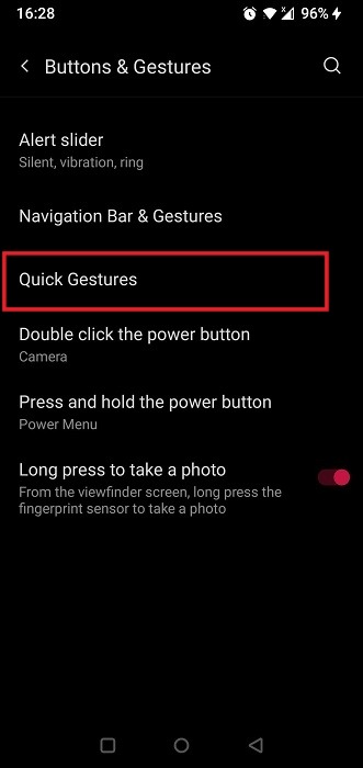 Selecting "Quick Gestures" in Android Settings app. 