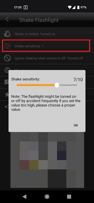 Navigating to "Shake sensitivity" option in Shake Flashlight app.