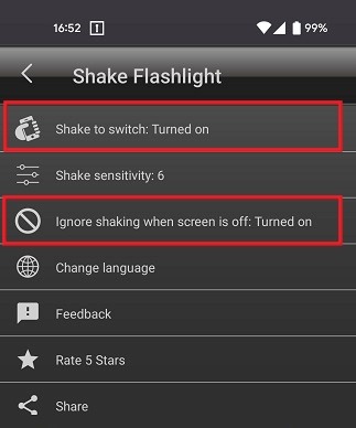 Enabling "Skate to switch" option in Shake Flashlight app.