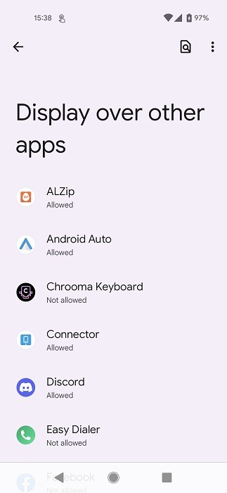 "Display over other apps" list for new gesture in Tap Tap app on Android.