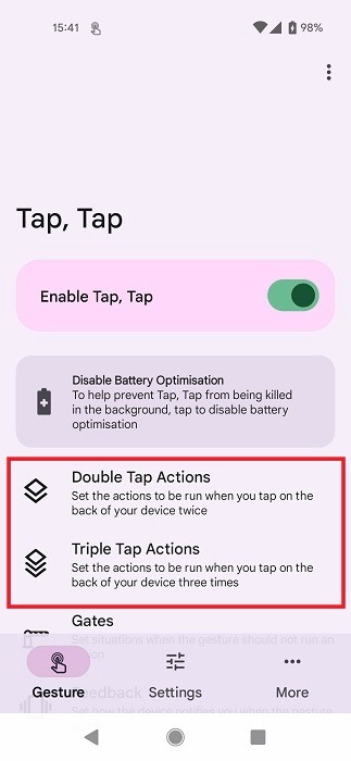 Tapping on "Double Tap Actions" option in Tap Tap app on Android.