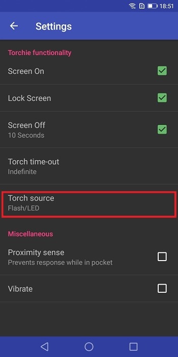 Tapping on "Torch source" in Torchie app. 