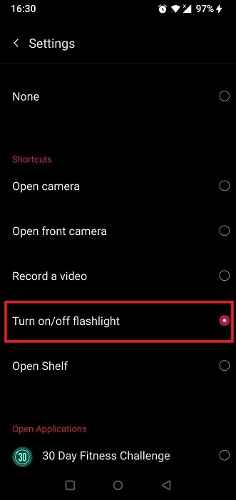Enabling "Turn on/off flashlight" option in Android Settings app. 