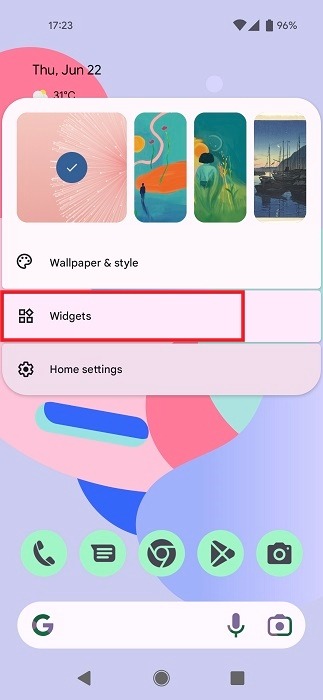 Tapping on "Widgets" option from Android home screen.