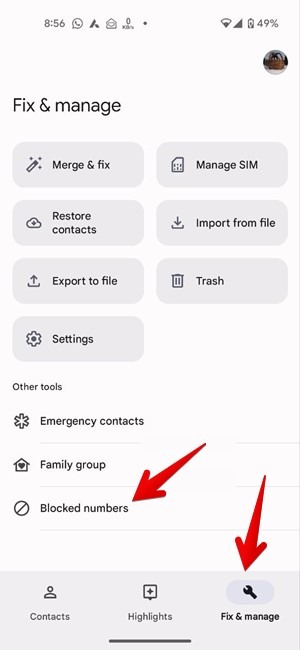 Tapping on "Fix & manage" tab to reveal "Blocked numbers" option in Contacts app. 