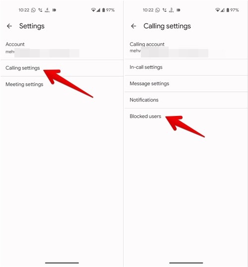 Clicking on "Calling settings" to view blocked users in Google Meet app. 