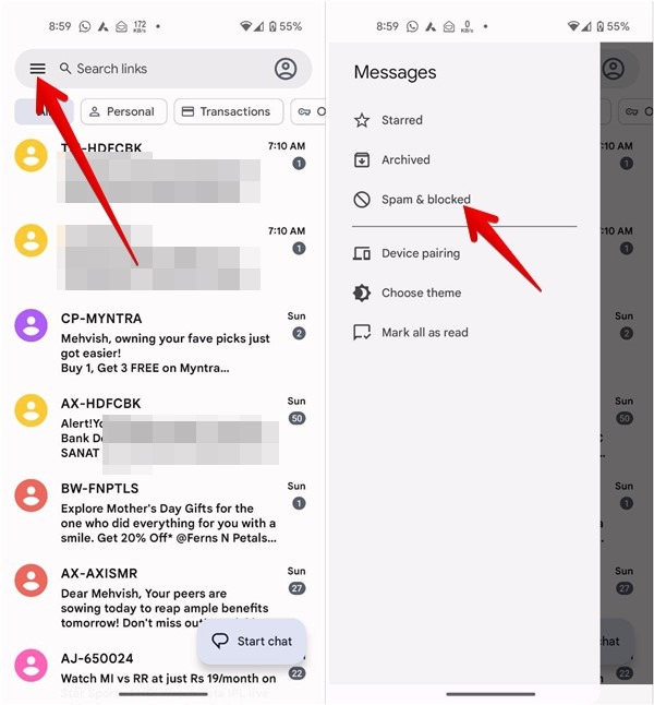 Clicking on hamburger menu and then selecting "Spam & blocked" option from Messages app. 