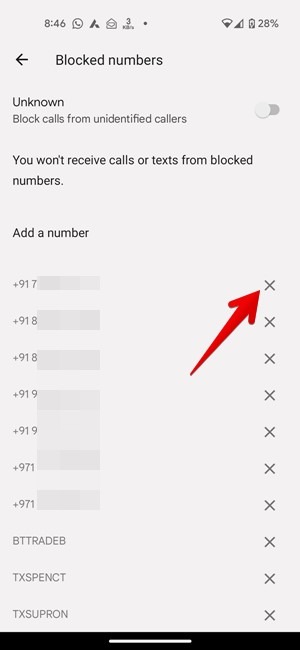 Blocked numbers list in Phone app with "X" button in near vicinity. 
