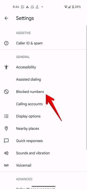 Select "Blocked numbers" in Phone app. 