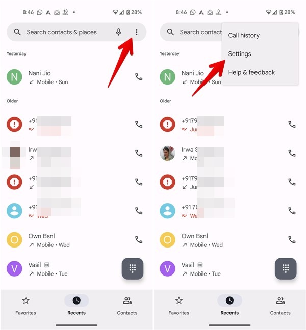 Tapping on three-dots in Phone app and selecting "Settings."