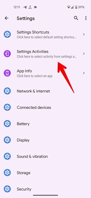 Clicking on "Settings Activities" in Shortcut Maker app. 