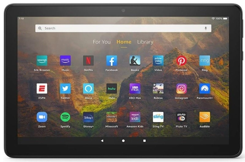 An Amazon Fire HD 10 tablet showing the Fire OS home screen.