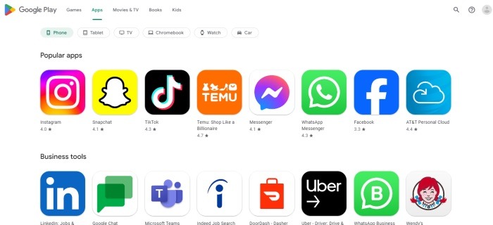 Screenshot of the Google Play Store popular apps section.