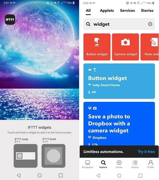 IFTTT widget overview.