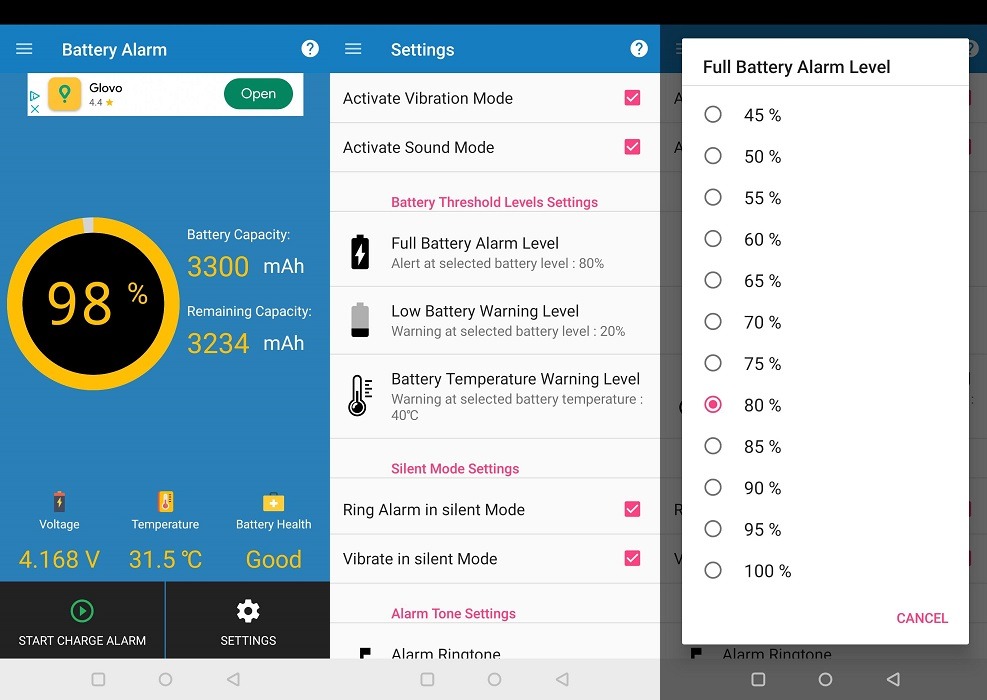 Full Battery Charge Alarm app interface overview.