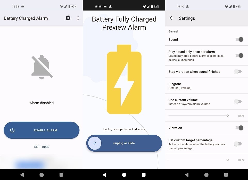 Full Battery Charge Alarm app interface overview.