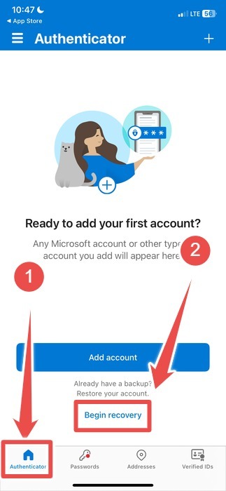 Tapping on "Begin recovery' option in Microsoft Authenticator app for iOS.