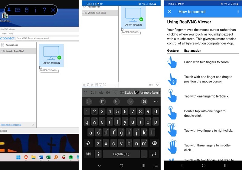 RealVNC app showing examples of how to control Windows PC with an Android device.