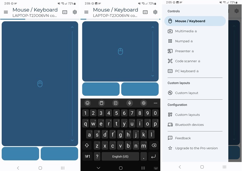 Three screens showing the mouse and keyboard controls in Serverless Bluetooth Keyboard and Mouse app.
