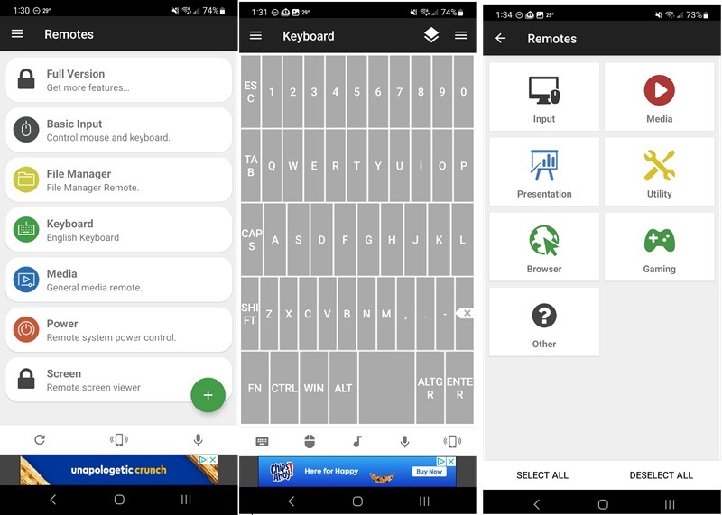 Three screens showing the remotes in the Unified Remote Android app.