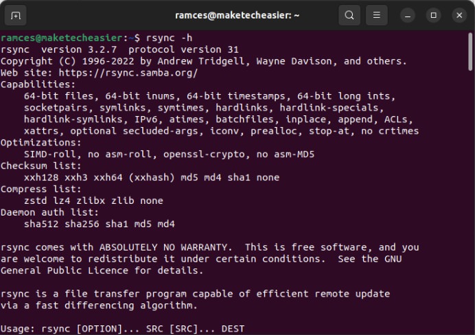 A terminal showing the help page for Rsync.