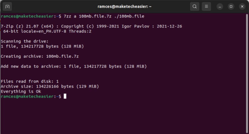 A terminal showing 7z compressing a file.