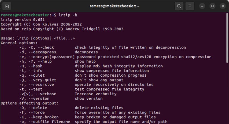 A terminal showing the help screen for lrzip.
