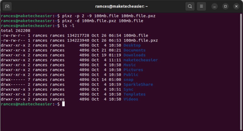 A terminal showing pixz compressing and decompressing a file.