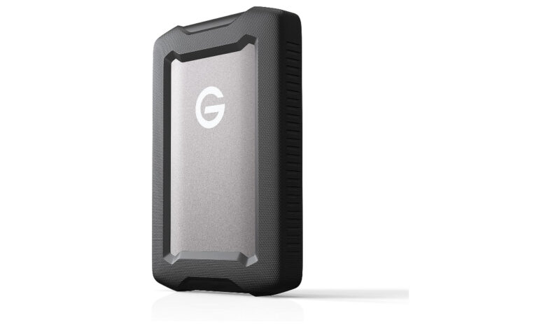 Seagate Professional G-DRIVE RmorATD 2TB Black and grey external hard drive on a white background