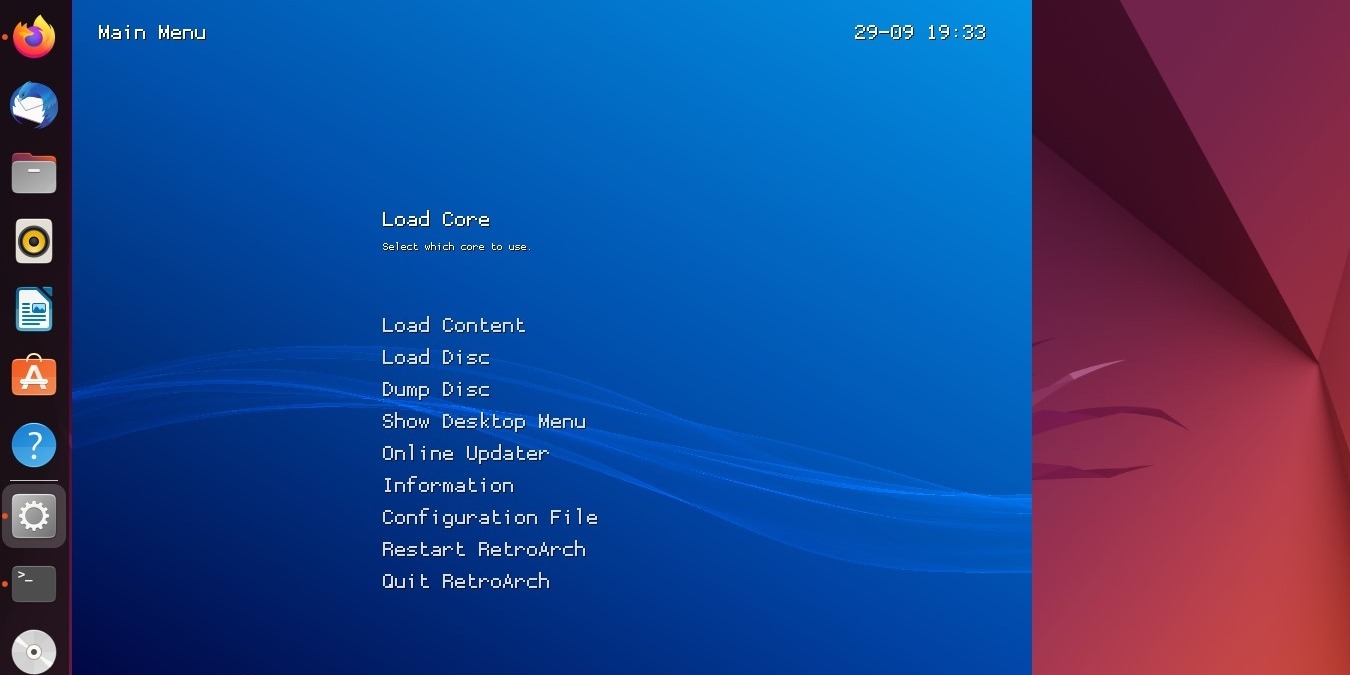 Ubuntu desktop showing RetroArch emulator menu in blue theme