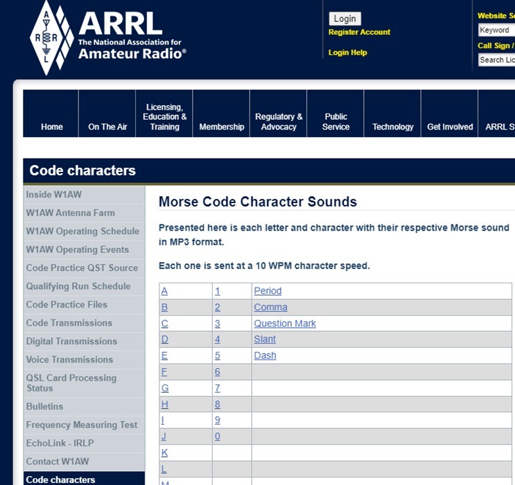 List of character files to play to learn on The National Association for Amateur Radio.