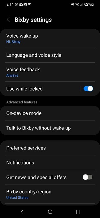 Bixby settings view in app. 