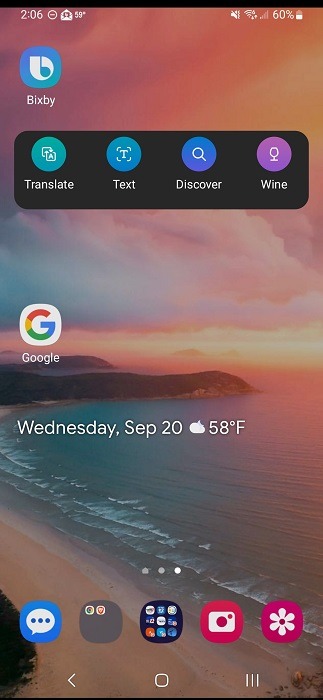 Bixby app shown on Samsung device home screen.