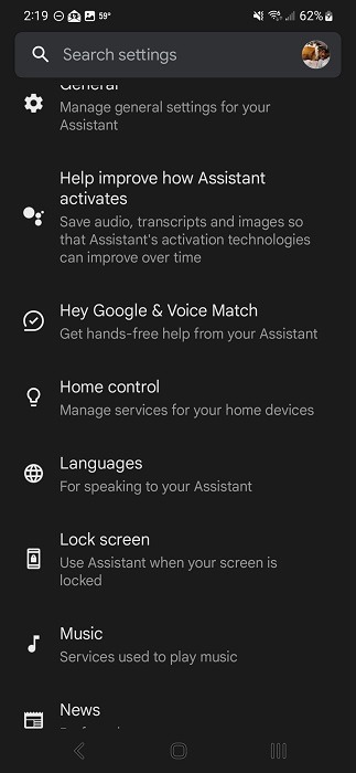 Settings list for Google Assistant.