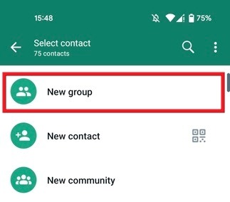 Creating a "New group" in WhatsApp for Android.