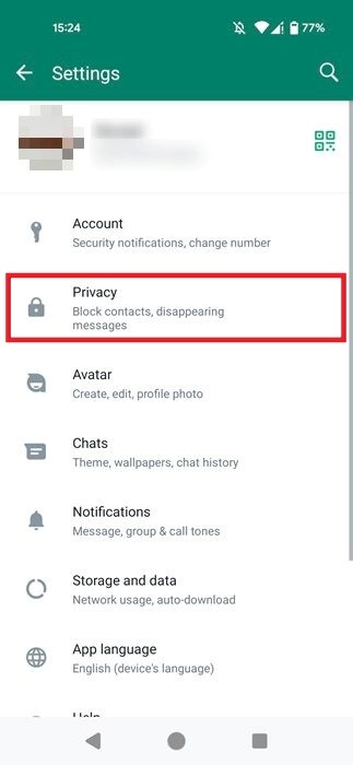 Privacy under Settings in WhatsApp for Android.