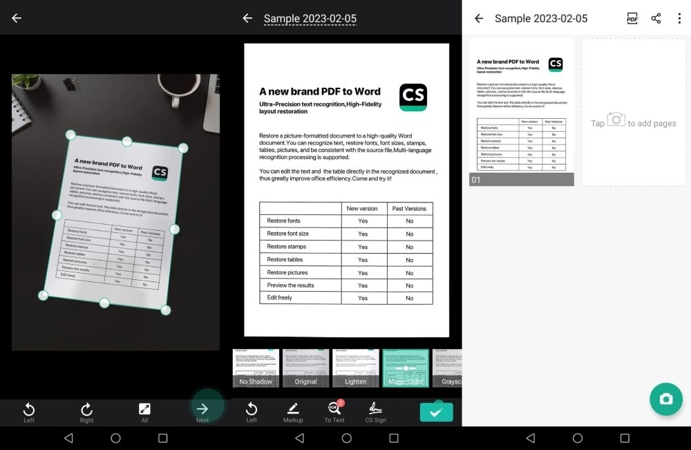 CamScanner app interface overview.