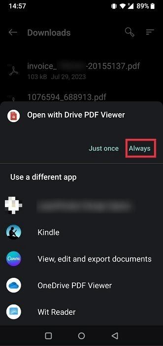 Selecting "Always" in "Open with" prompt on Android. 