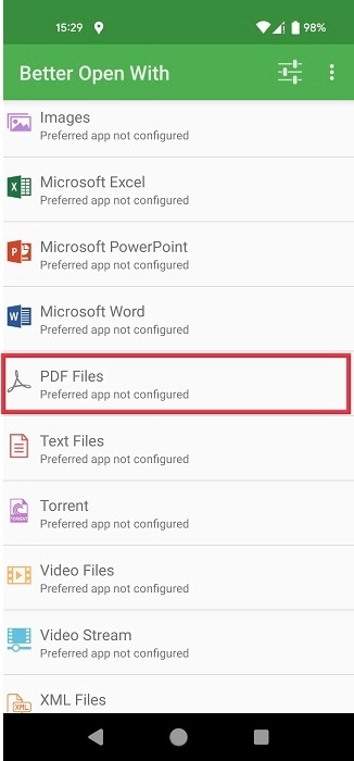 Selecting "PDF Files" in Better Open With app. 
