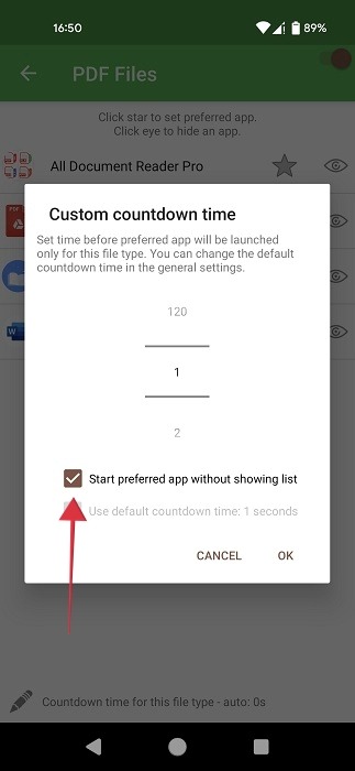 Setting custom countdown time in Better Open With app. 